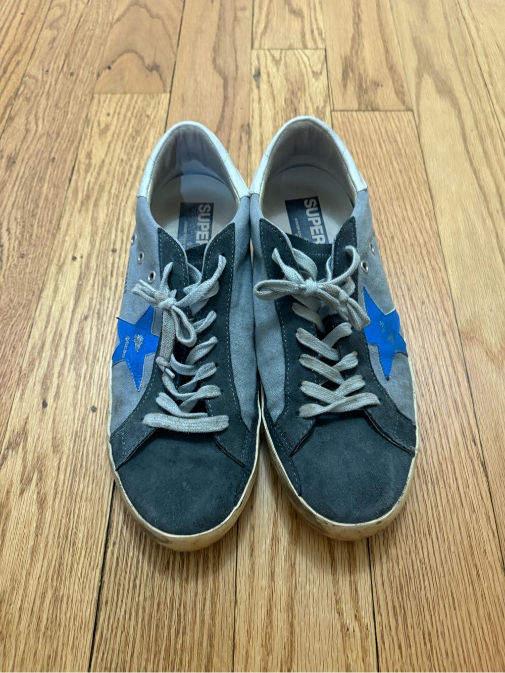 Golden Goose Gray Suede Sneakers with Blue Star Accent